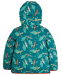 Frugi toasty trail reversible kids jacket made from recycled materials in teal with all over print of canoers and whales