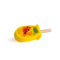 This Erzi Frit Ice Lolly is a yellow ice lolly toy has painted pieces of fruit on the side, including watermelon, kiwi, and orange segments and looks good enough to eat! White background. 