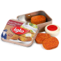 Erzi Chicken Nuggets In A Tin Wooden Play Food tin open showing the contents on a white background.