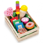 Erzi Assorted Candies Wooden Play Food Set displayed in a small wooden crate, white background.