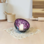 Slice red cabbage on top of an Abeego plastic-free beeswax wrap on a kitchen counter