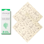 Abeego 2 large square beeswax food wraps laid out on a white background next to their packaging