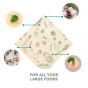Infographic showing what food can be wrapped in the Abeego plastic-free large square wraps