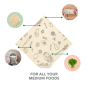Infographic showing what food you could wrap in the Abeego plastic-free medium beeswax food wrap