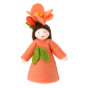 Front of the Ambrosius handmade felt Camellia Japonica fairy figure on a white background 