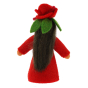 Back of the Ambrosius red rose felt fairy showing dark coloured long hair on a plain background 