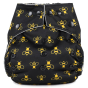 Baba & Boo Bees One-Size reusable nappy print is black with a fun yellow bee design, white background