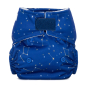 Baba & Boo Constellations newborn reusable nappy print is deep blue with a starry constellation design with dark blue velcro closure. White background.