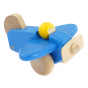 Bajo children's handmade wooden plane with pilot toy in the blue colour on a white background