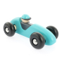 Bajo children's wooden racing car toy in the blue colour on a white background