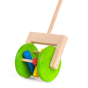 Close up of the Bajo push along wooden rattle toy on a white background