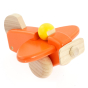 Bajo children's handmade wooden plane with pilot toy in the orange colour on a white background
