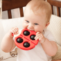 Close up of young baby putting the Bajo ladybird teething toy in their mouth