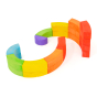 Bajo plastic-free wooden rainbow blocks laid out in 2 spirals on a white background