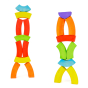 2 colourful towers made from Bajo plastic-free wooden rainbow toy blocks