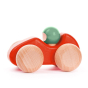 Bajo coral handmade wooden race car on a white background