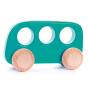 Bajo Teal Wooden Bus toy. A fun and interactive roll-along bus toy in teal with natural wood colour wheels, on a white background