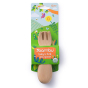 Bambu Baby Spoon and Fork set in cardboard tag packaging pictured on a plain white background