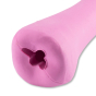 Close up of Beco Pets pink natural rubber treat bone dog toy on a white background.
