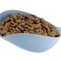 Close up of Beco Pets blue sustainable bamboo pet food scoop on a white background.