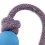 Close up of Beco Pets blue natural rubber ball on rope dog toy on a white background.