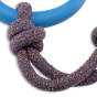 Close up of Beco Pets natural rubber hoop on rope dog toy on a white background.
