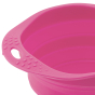 Close up of Beco Pets pink sustainable rubber pet travel bowl on a white background.