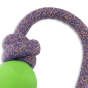 Close up of Beco Pets green natural rubber ball on rope dog toy on a white background.
