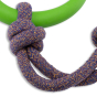 Close up of Beco Pets natural rubber hoop on rope dog toy on a white background.
