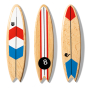 Picture of three Candylab retro style surfboards with unique blue, red, and white designs. 