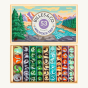 Billes & Co kids recycled glass Mountain Trip marbles set open on a white background showing the colourful marbles inside