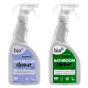2 bottles of Bio-D 500ml natural bathroom cleaning spray on a white background
