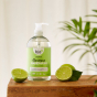 Bio-d sanitising line and aloe vera hand wash surrounded with limes