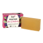 Bio-D natural Vegan plum and mulberry soap bar on a white background next to its purple cardboard box