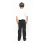 A child wearing Eco Outfitters GOTS organic cotton school uniform trousers - boys slim fit in black, with a white polo shirt and black shoes, facing away from camera. White background
