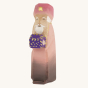 Bumbu Wooden Nativity Figure - Three Kings Caspar on a cream background. Caspar wears a pink outfit and crown, has a white beard and is holding a purple gift with gold details.