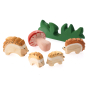 Bumbu plastic-free wooden hedgehog and mushroom toy figures on a white background