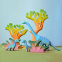 Bumbu blue Brontosaurus dinosaur toys surrounded by big and small dino trees and fern bushes
