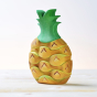 Close up of the plastic free wooden Bumbu pineapple toy on a white background