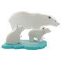 Bumbu large polar bear and 2 small polar bear cub toys stood on the wooden ice floe block on a white background