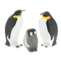 Bumbu childrens male, female and baby penguin wooden toy figures stood on a white background