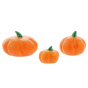3 Bumbu childrens wooden toy pumpkins lined up on a white background