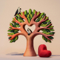 Two Bumbu Miniature Wooden peckers sit in the Bumbu Wooden Heart Tree. One is one top of the tree and the other is sitting in the heart cut out, in the centre of the tree. The red heart is at the bottom of the tree, and everything is displayed on a warm, 