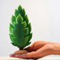 Close up of a hand holding a Bumbu eco-friendly large green thuja tree toy in front of a grey background