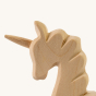 Bumbu Natural Wood Unicorn on a plain background. Close-up of the head detail.