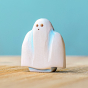 Bumbu hand carved Wooden Ghost toy, with small holes for eyes and a white, sheet-like body.