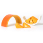 Pieces of the Bumbu plastic free children's tangerine food toy laid out on a white background