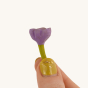 A small and delicate Bumbu Lilac flower being held between a persons finger tips on a cream background
