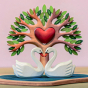 Two White Bumbu Wooden Swans happily together in front of the Bumbu Wooden Heart Tree