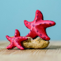 Bumbu Wooden Red Starfish Set, balanced on a sea stone on a blue background.